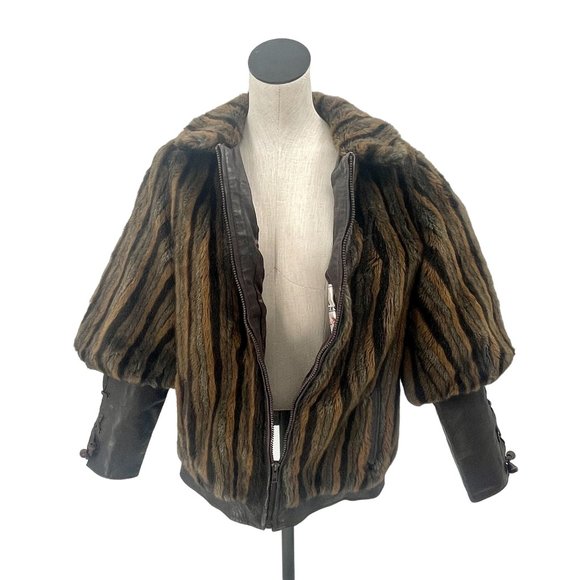 50s 60s Striped Faux Fur & Leather Criss Cross Cuff Puffed Sleeve Formal Coat - Picture 6 of 9